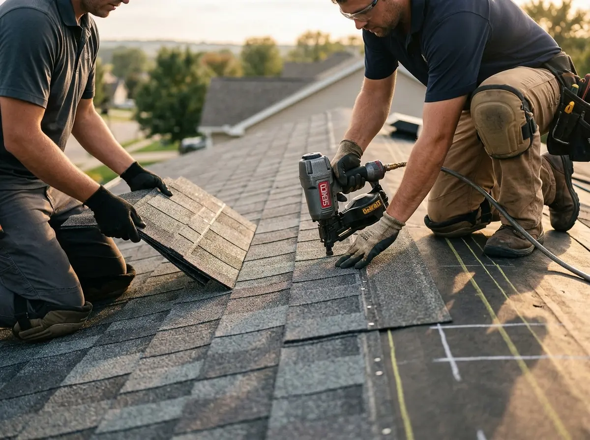 Professional roofer working on a residential roof in East Lake
